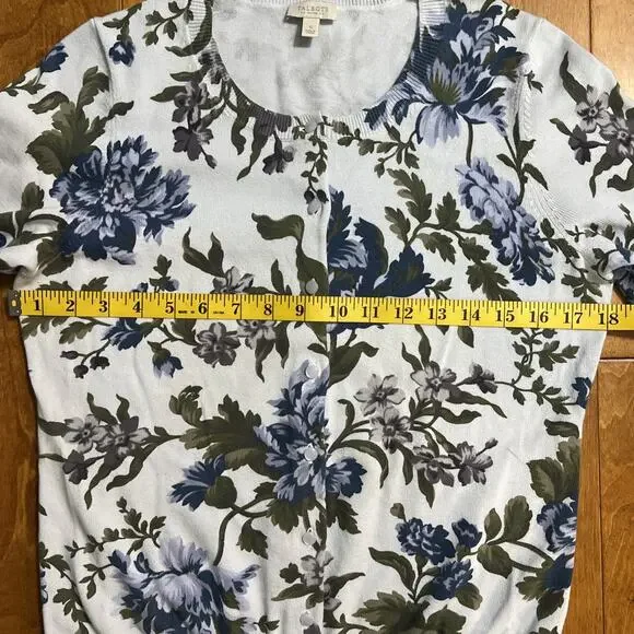 Talbots Floral Cardigan Sweater Size S Blue 3/4 Sleeve Cottage Coquette Fairy - Picture 3 of 8